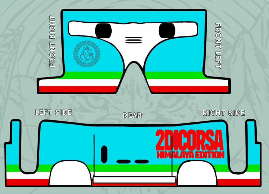 tuk tuk da corsa con design Himalaya Edition, colore azzurro e dettagli italiani, ideale per appassio.